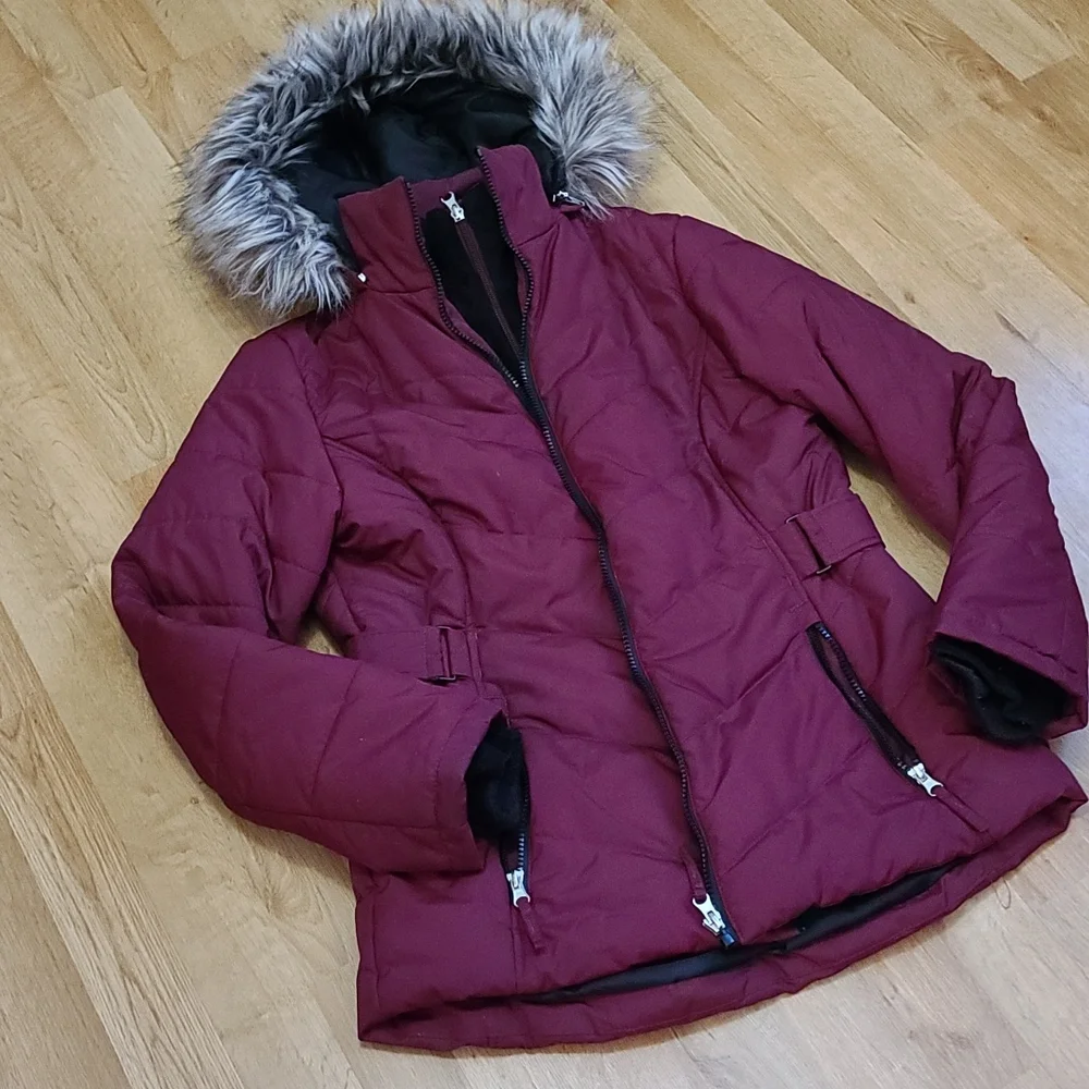 Free Country puffer coat w removable zipper fur hoodie maroon color size small - Picture 5 of 12